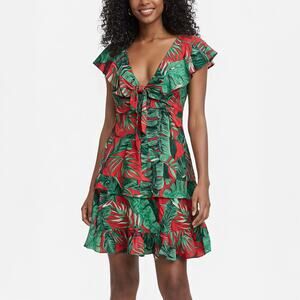 Buru Teagan Tropical Palm Red Green Tiered Mini Dress Size S/M